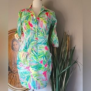 LILLY PULITZER Blue Green Yellow & Pink Abstract Floral Print House Dress - S